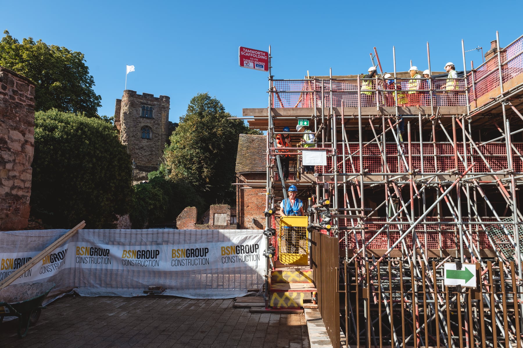Scaffolding around the historic Market Street properties beside Tamworth Castle
