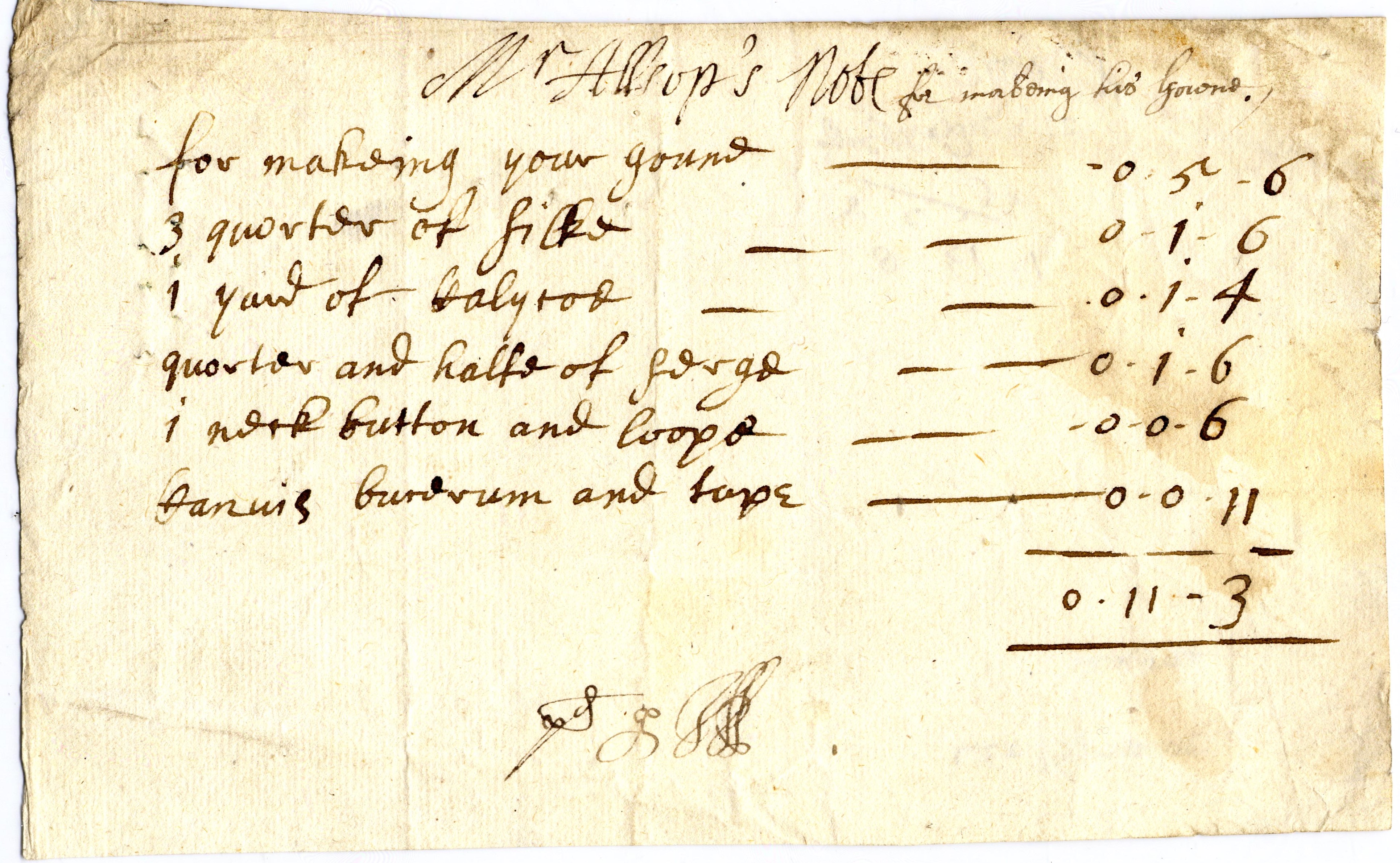 Historic handwritten Allsop bill held by Tamworth Castle Museum Archives